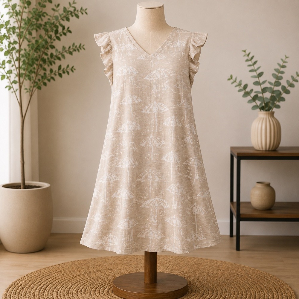 NEW Belle Beach Kim Gravel Dress Womens L Tan Beach Print Flutter Sleeve V-Neck